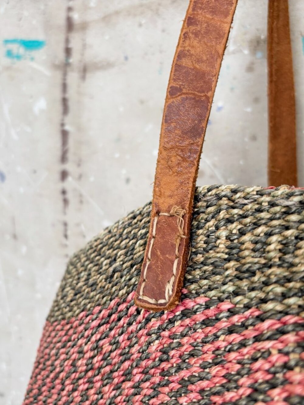 Sisal Market Jute Leather Shoulder Bag Tote Bag Vintage - Picture 2 of 8